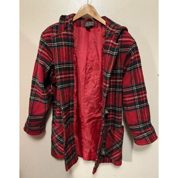 Vintage 90s Eddie Bauer Wool Red Tartan Plaid Long Coat Jacket Toggles Size S - Picture 11 of 16